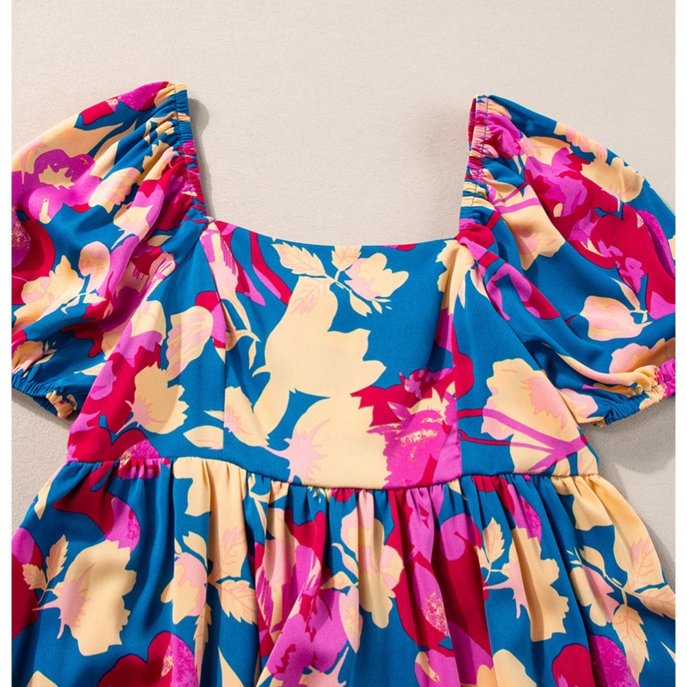 CLEARANCE! Blue Floral Bubble Sleeve Flowy Back Zip Square Neck Midi Dress! - Picture 11 of 11